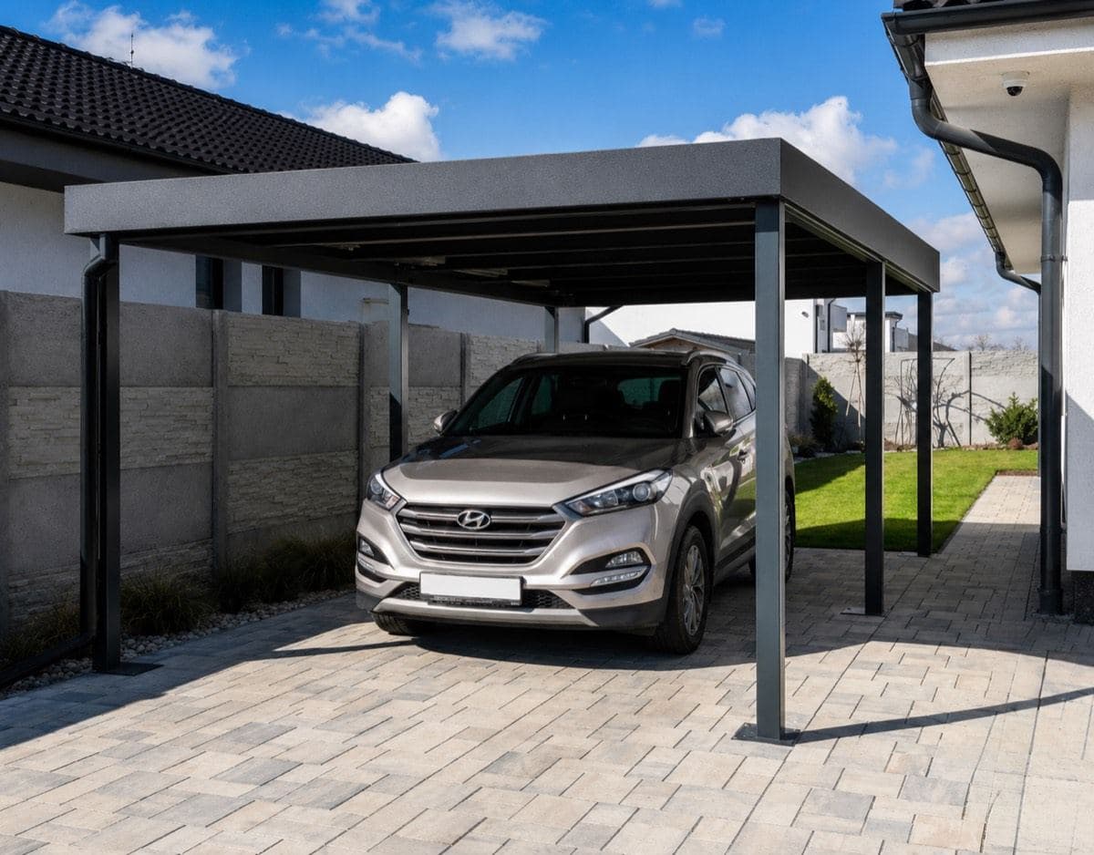 Copertină metalică IL308 Prestige — Pe piloni, casetată