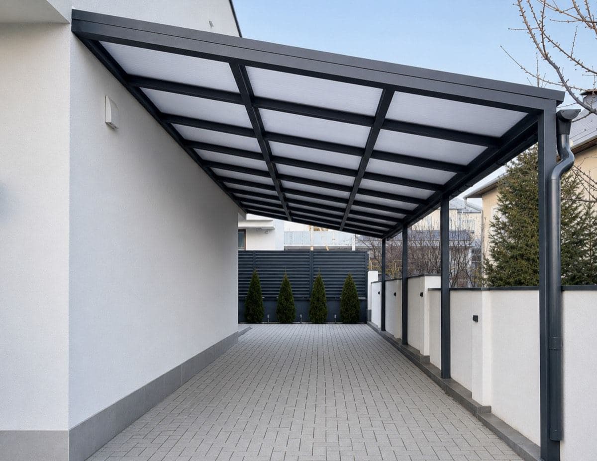 Copertină metalică ancorată în peretele clădirii